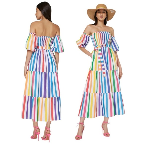 NWT NY & Co. Multi Striped Off the Shoulder Midi Dress sz S - Picture 9 of 13